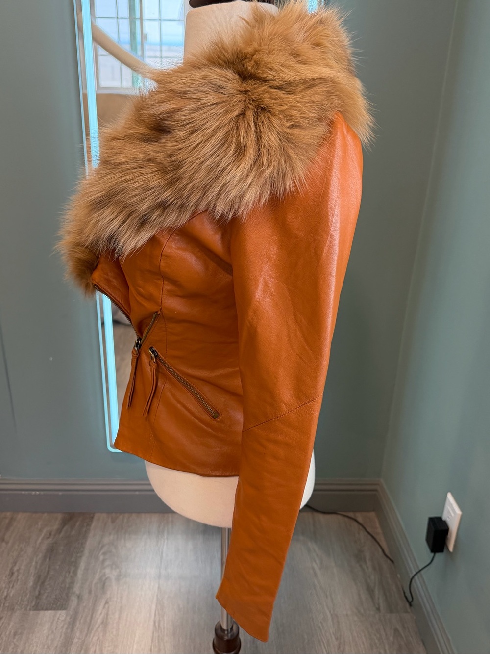 Vintage ONLY Real Fox Fur Collar Lamb Leather Jacket Y2K Moto XS/S - Picture 3 of 13